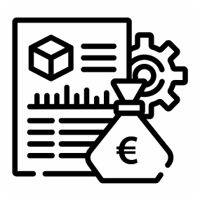 icono engranaje, bolsa dinero y resumen cuentas